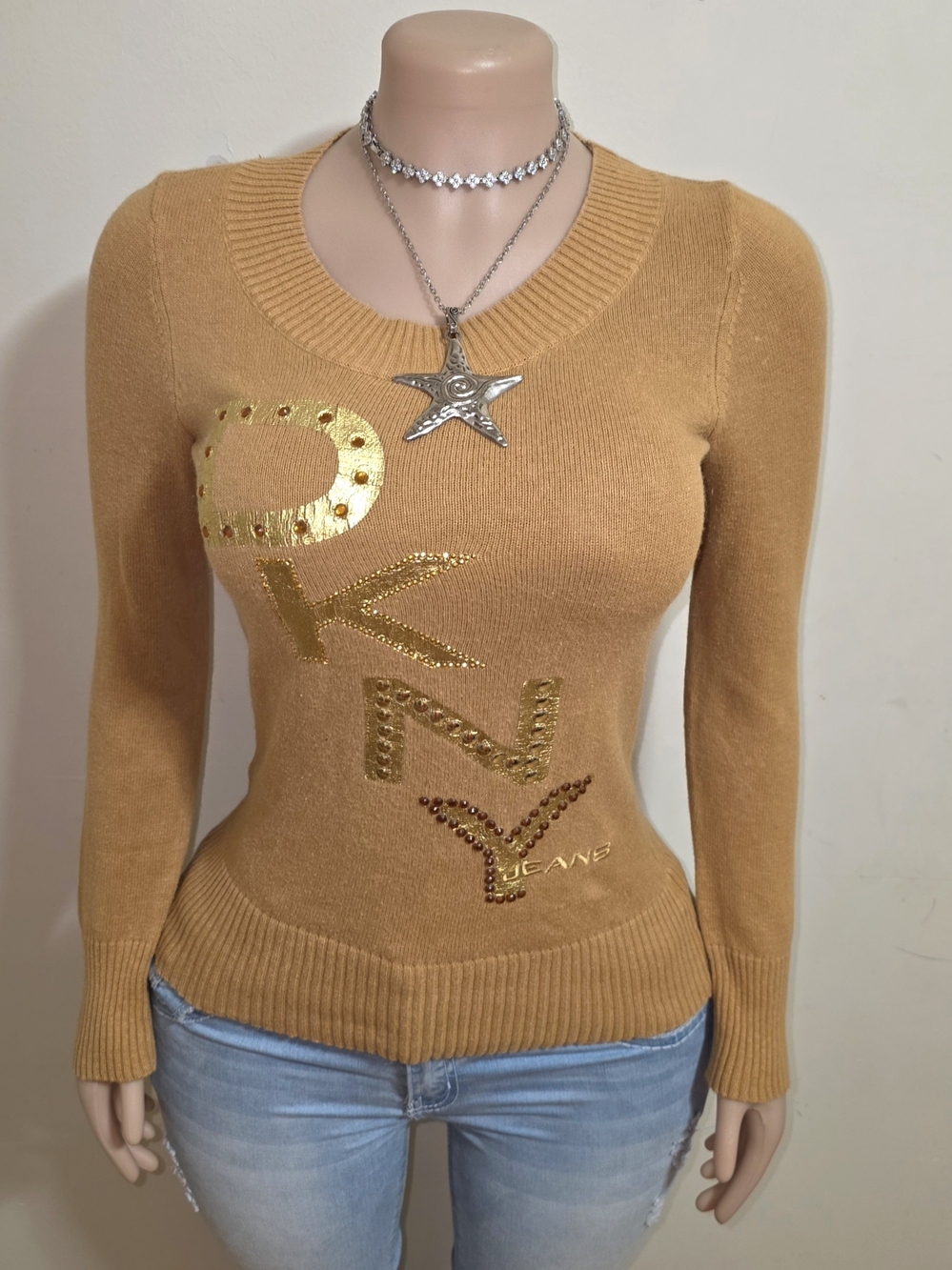 DKNY Tan Gold Logo Embellished Women’s Sweater
